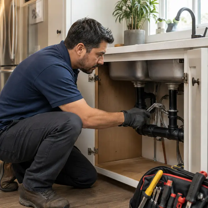 Harbourview Plumbing technician inspecting plumbing beneath a kitchen sink